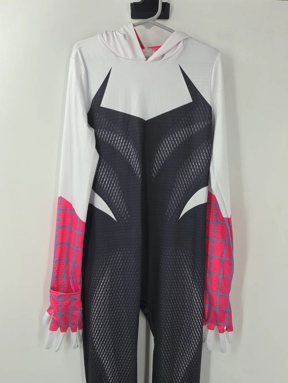 Spider Gwen Kids Superhero Hooded Jumpsuit in White, Black and Pink Size L